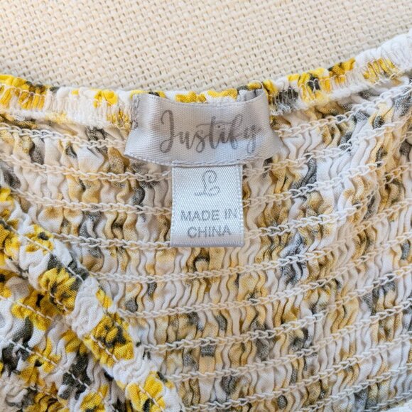 Justify Yellow Floral Puff Sleeve Dress Large Smocked Bodice Built-In Shorts - Picture 3 of 4